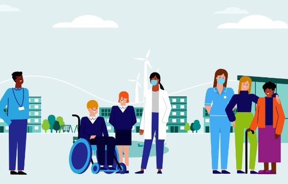 Cartoon style image of health care workers smiling and taking care of young people, one of which is in a wheelchair